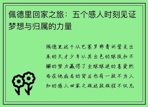 佩德里回家之旅：五个感人时刻见证梦想与归属的力量
